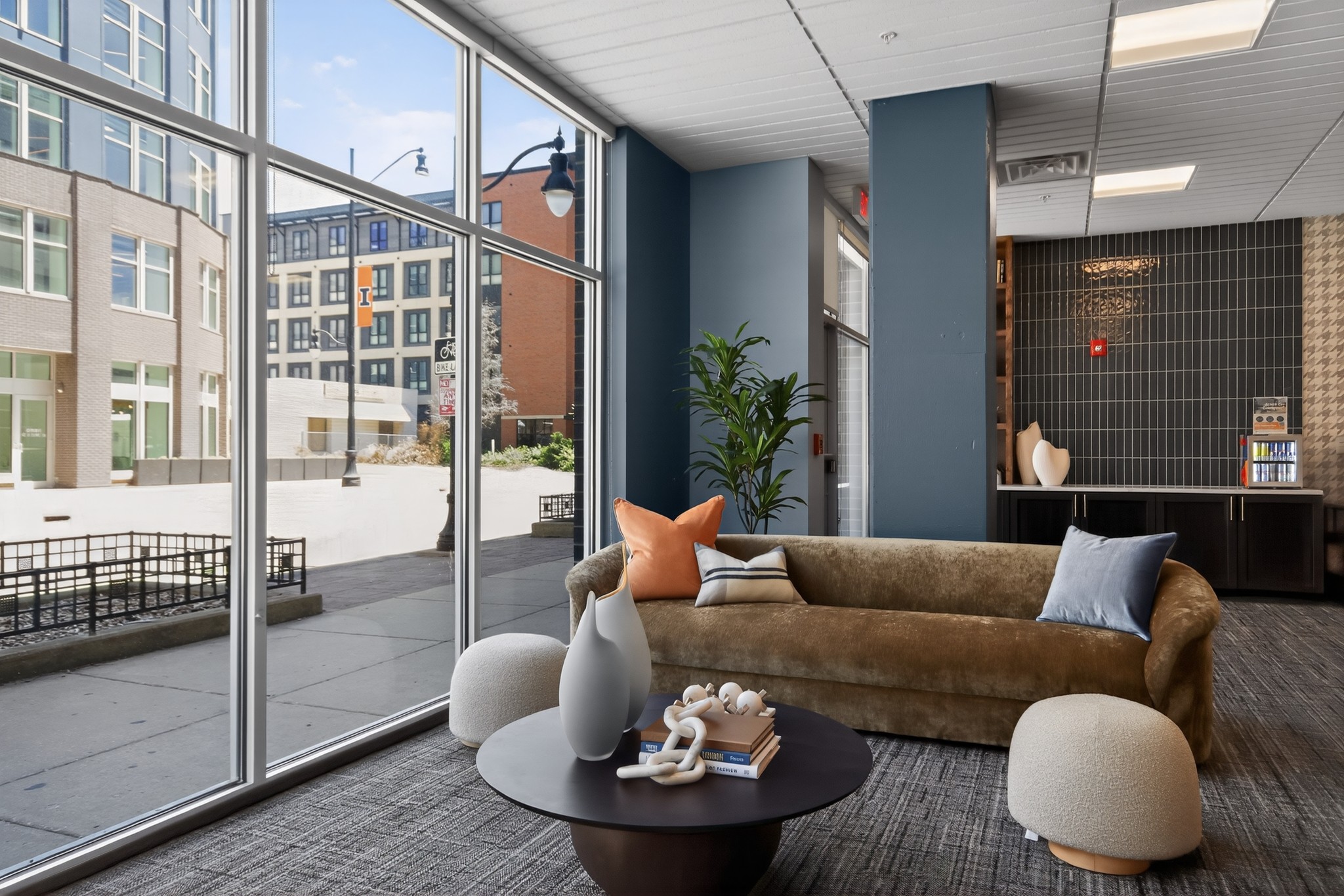 Leasing office lobby with floor-to-ceiling windows