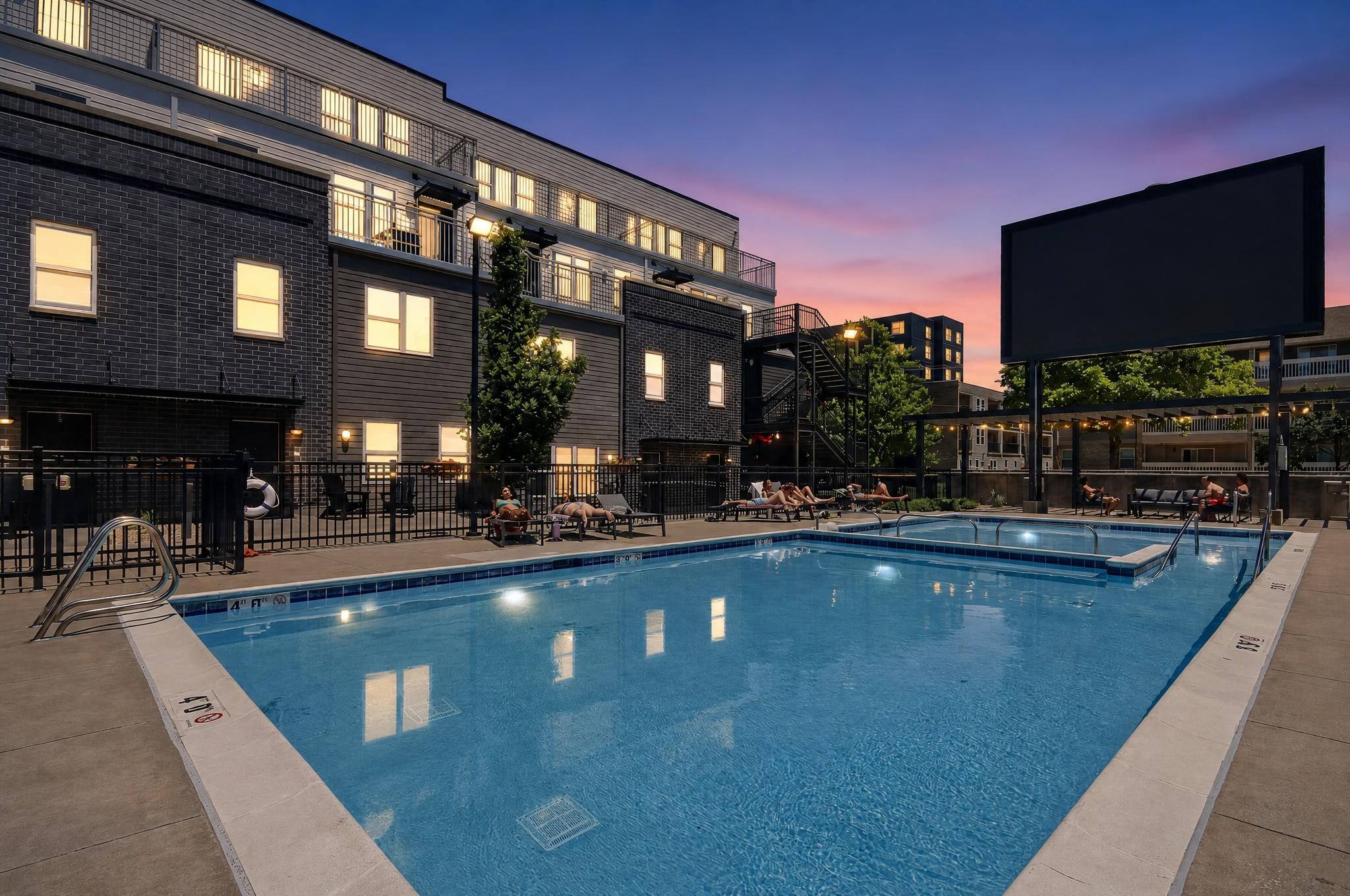 Swimming pool at West Quad at sunset
